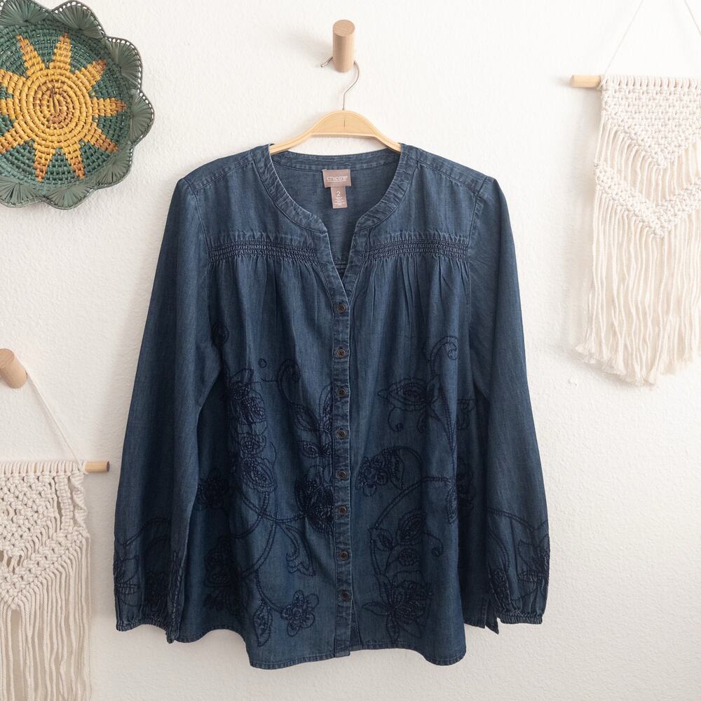Chico’s Blue Boho Embroidered Casual Button Down Shirt Size 2 Large